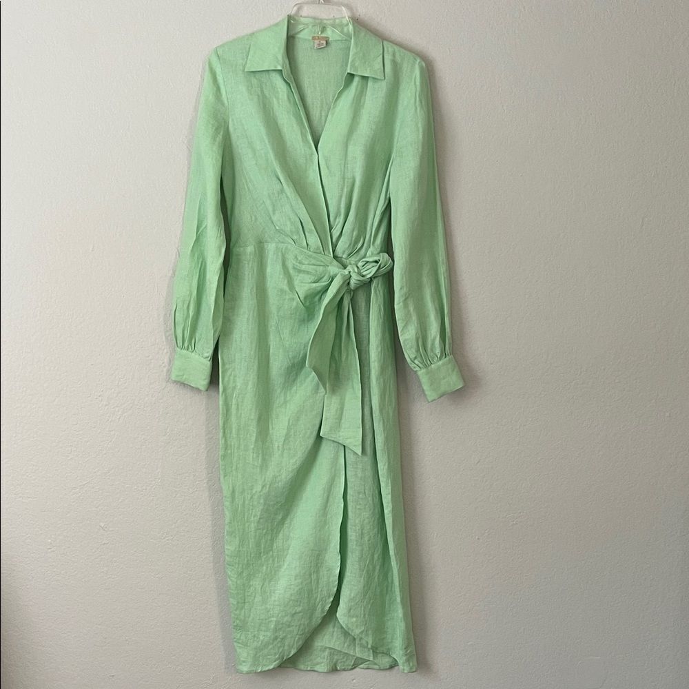 Like New! Magaschoni Wrap Tie Kelly Mint Green Linen Long Sleeve Dress in Size 6